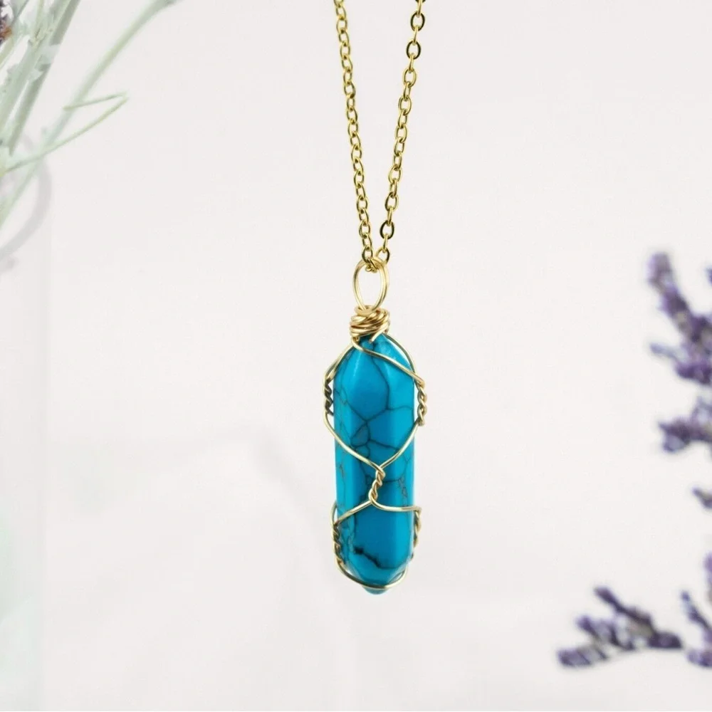 New Handmade Blue Howlite 10k Gold Wire Wrapped S925 Silver Amulett Necklace